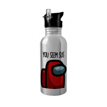 Among US, you seem sus, Water bottle Silver with straw, stainless steel 600ml