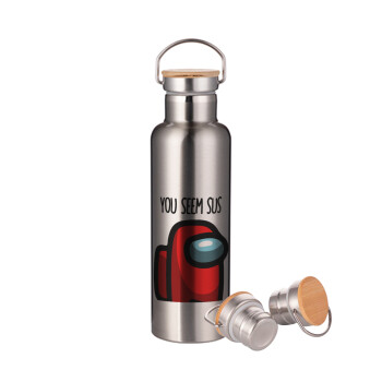 Among US, you seem sus, Stainless steel Silver with wooden lid (bamboo), double wall, 750ml