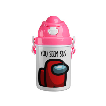 Among US, you seem sus, Ροζ παιδικό παγούρι πλαστικό (BPA-FREE) με καπάκι ασφαλείας, κορδόνι και καλαμάκι, 400ml
