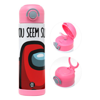 Among US, you seem sus, Children's hot water bottle, stainless steel, with safety straw, PINK (500ml)