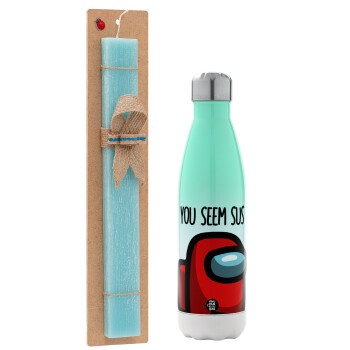 Among US, you seem sus, Easter Set, Metallic green/white thermos (Stainless steel), double-walled, 500ml & scented flat Easter candle (30cm) (TURQUOISE)