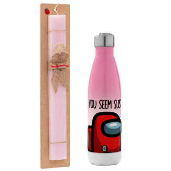 Among US, you seem sus, Easter Set, Metallic pink/white (Stainless steel) thermos, double-walled, 500ml & aromatic flat Easter candle (30cm) (PINK)