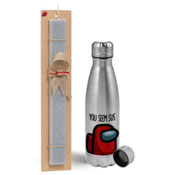 Among US, you seem sus, Easter Set, metallic Inox water bottle (750ml) & aromatic flat Easter candle (30cm) (GRAY)