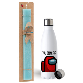 Among US, you seem sus, Easter Set, metallic stainless steel water bottle (750ml) & aromatic flat Easter candle (30cm) (TURQUOISE)