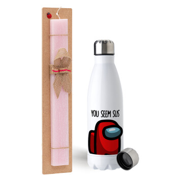 Among US, you seem sus, Easter Set, metallic stainless steel water bottle (750ml) & scented flat Easter candle (30cm) (PINK)