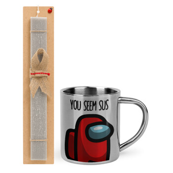 Among US, you seem sus, Easter Set, metallic thermal cup (300ml) & Easter aromatic flat candle (30cm) (GRAY)