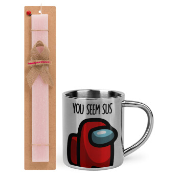 Among US, you seem sus, Easter Set, metallic thermal cup (300ml) & aromatic flat Easter candle (30cm) (PINK)