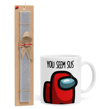 Among US, you seem sus, Easter Set, Ceramic Cup (330ml) & Easter aromatic flat candle (30cm) (GRAY)