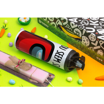 Among US, you seem sus, Easter candle,Travel Tumbler 2 Lids, with metal straw & cleaning brush & aromatic flat candle (30cm) (PINK)