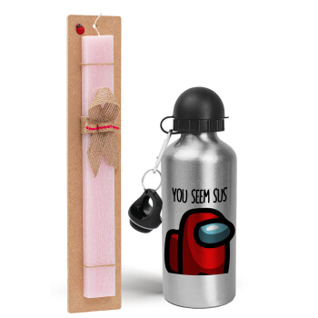 Among US, you seem sus, Easter Set, metallic Silver aluminum water bottle (500ml) & scented flat Easter candle (30cm) (PINK)