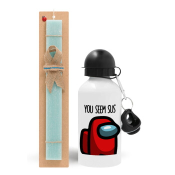Among US, you seem sus, Easter Set, metallic aluminum water bottle (500ml) & scented flat candle (30cm) (TURQUOISE)