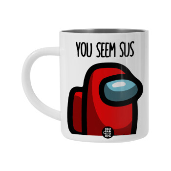 Among US, you seem sus, Λευκή Ανοξείδωτη Μεταλλική Κούπα 450ml - Διπλού Τοιχώματος 