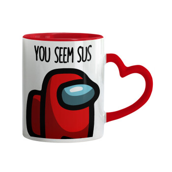 Among US, you seem sus, Mug heart red handle, ceramic, 330ml