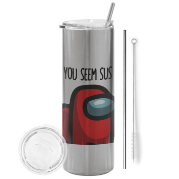 Among US, you seem sus, Eco friendly stainless steel Silver tumbler 600ml, with metal straw & cleaning brush