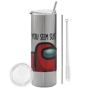 Among US, you seem sus, Tumbler stainless steel Silver 600ml, with metal straw & cleaning brush