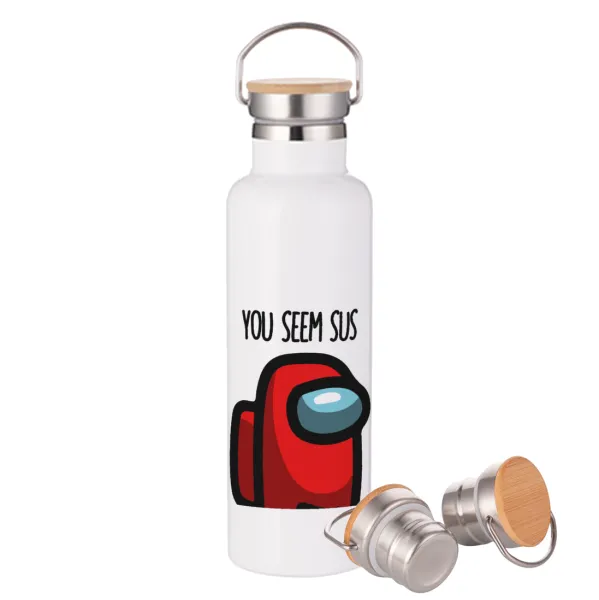 Among US — Stainless steel White with wooden lid (bamboo), double wall, 750ml