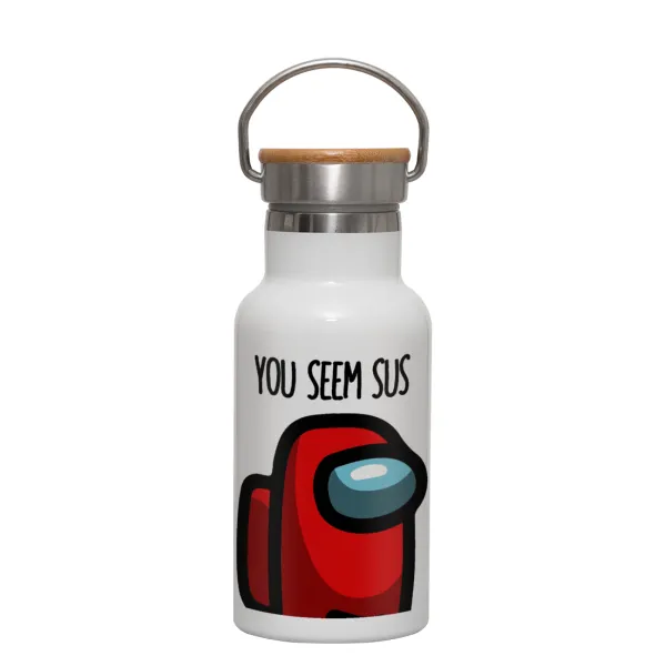 Among US — Metallic thermos (Stainless steel) White with wooden lid (bamboo), double-walled, 350ml