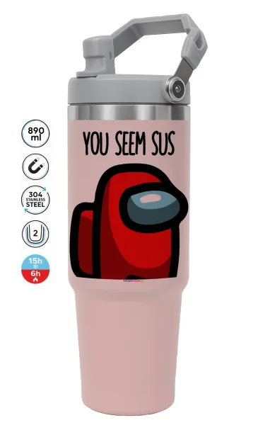 Among US — ΡΟΖ Travel Tumbler Θερμός με χερούλι και καλαμάκι 890ml