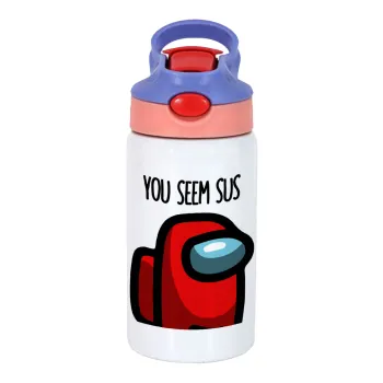 Among US, you seem sus, Children's hot water bottle, stainless steel, with safety straw, pink/purple (350ml)