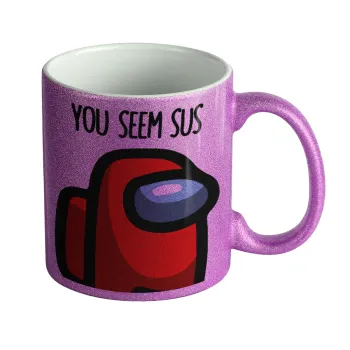 Among US, you seem sus, Κούπα Μωβ Glitter που γυαλίζει, κεραμική, 330ml