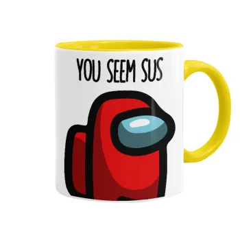 Among US, you seem sus, Κούπα χρωματιστή κίτρινη, κεραμική, 330ml
