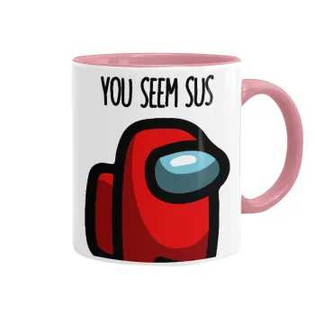 Among US, you seem sus, Mug colored pink, ceramic, 330ml