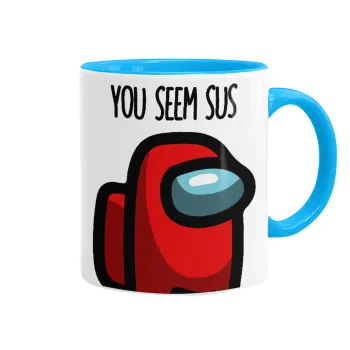 Among US, you seem sus, Κούπα χρωματιστή γαλάζια, κεραμική, 330ml