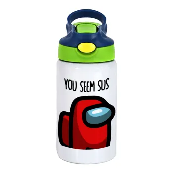 Among US, you seem sus, Children's hot water bottle, stainless steel, with safety straw, green, blue (350ml)