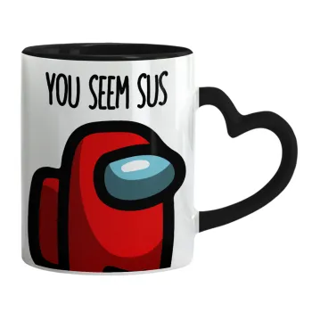Among US, you seem sus, Κούπα καρδιά χερούλι μαύρη, κεραμική, 330ml
