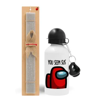 Among US, you seem sus, Easter Set, metallic aluminum water bottle (500ml) & aromatic flat Easter candle (30cm) (GRAY)
