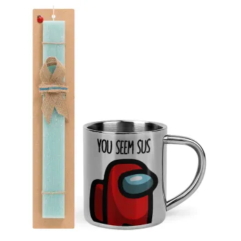 Among US, you seem sus, Easter Set, metallic thermal cup (300ml) & aromatic flat Easter candle (30cm) (TURQUOISE)