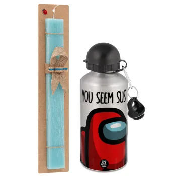 Among US, you seem sus, Easter Set, metallic silver aluminum water bottle (500ml) & scented flat Easter candle (30cm) (TURQUOISE)