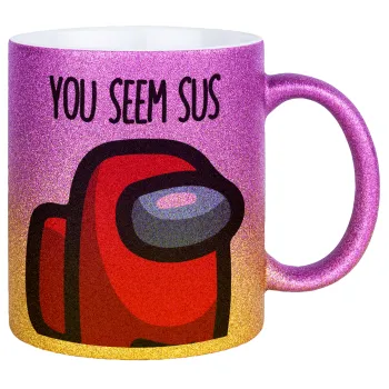 Among US, you seem sus, Κούπα Χρυσή/Ροζ Glitter, κεραμική, 330ml