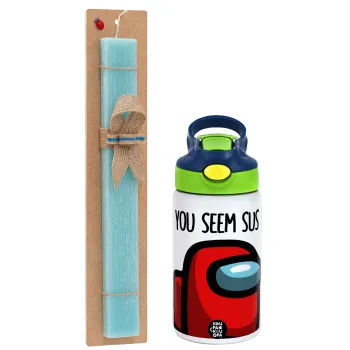 Among US, you seem sus, Easter Set, Children's thermal stainless steel bottle with safety straw, green/blue (350ml) & aromatic flat Easter candle (30cm) (TURQUOISE)