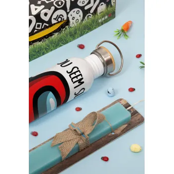 Among US, you seem sus, Easter Set, metallic silver aluminum water bottle (500ml) & scented flat Easter candle (30cm) (TURQUOISE)
