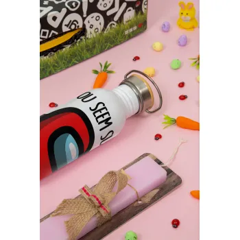 Among US, you seem sus, Easter Set, SS Metallic water bottle (620ml, stainless steel) & scented flat Easter candle (30cm) (PINK)