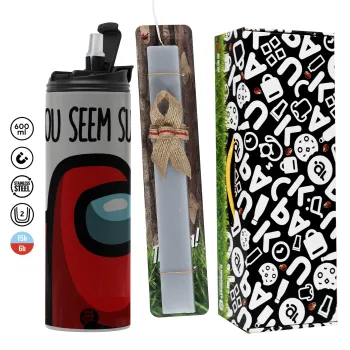 Among US, you seem sus, Easter candle with Grey Tumbler Thermo 600ml & aromatic flat candle (30cm) (GREY)