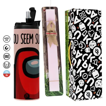 Among US, you seem sus, Easter candle,Travel Tumbler 2 Lids, with metal straw & cleaning brush & aromatic flat candle (30cm) (PINK)