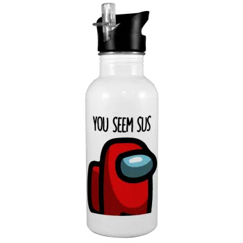 Among US, you seem sus, White water bottle with straw, stainless steel 600ml