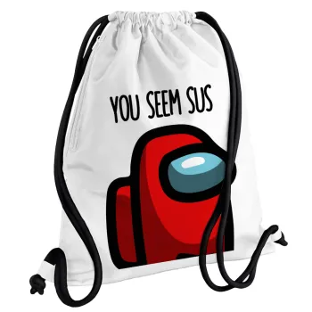 Among US, you seem sus, Backpack pouch GYMBAG white, with pocket (40x48cm) & thick cords