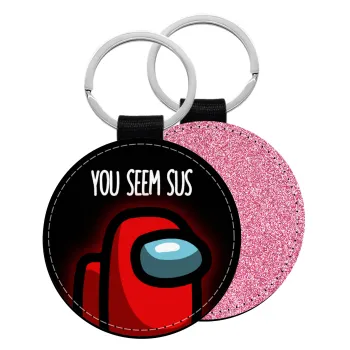 Among US, you seem sus, Μπρελόκ Δερματίνη, στρογγυλό ΡΟΖ (5cm)