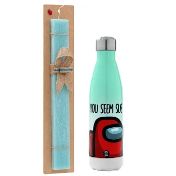 Among US, you seem sus, Πασχαλινή Λαμπάδα με Μεταλλικό παγούρι θερμός Πράσινο/Λευκό (Stainless steel), διπλού τοιχώματος, 500ml & κερί αρωματικό πλακέ (30cm) (ΤΙΡΚΟΥΑΖ)