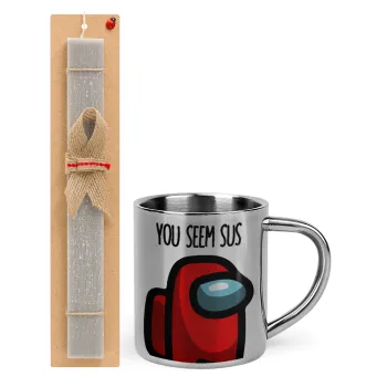Among US, you seem sus, Easter Set, metallic thermal cup (300ml) & Easter aromatic flat candle (30cm) (GRAY)