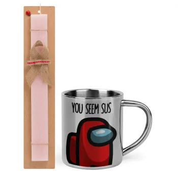 Among US, you seem sus, Πασχαλινή Λαμπάδα με μεταλλική κούπα θερμό (300ml) & κερί αρωματικό πλακέ (30cm) (ΡΟΖ)