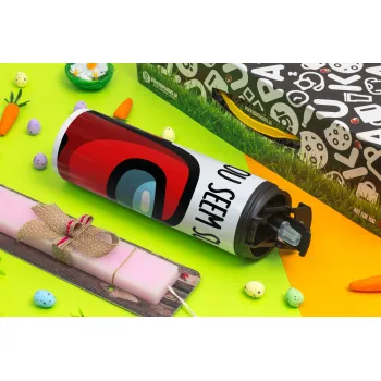 Among US, you seem sus, Πασχαλινή Λαμπάδα με Travel Tumbler θερμό με διπλό καπάκι (600ml, BPA free) & κερί αρωματικό πλακέ (30cm) (ΡΟΖ)