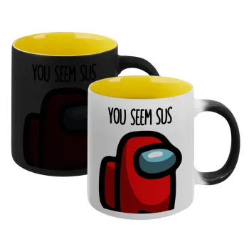Among US, you seem sus, Κούπα Μαγική εσωτερικό κίτρινη, κεραμική 330ml που αλλάζει χρώμα με το ζεστό ρόφημα