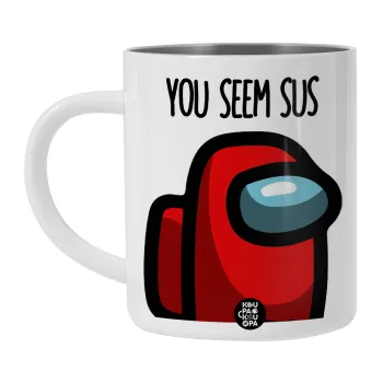 Among US, you seem sus, Λευκή Ανοξείδωτη Μεταλλική Κούπα 450ml - Διπλού Τοιχώματος 