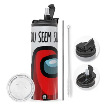 Among US, you seem sus, Travel Tumbler 2 Lids, with metal straw & cleaning brush (Stainless steel 304 Food grade, BPA free, 600ml)