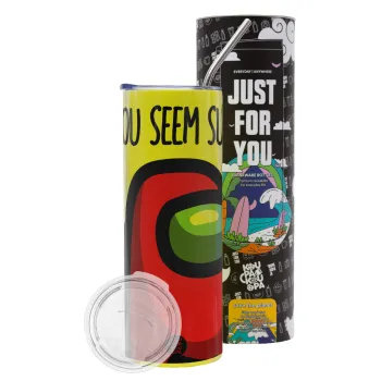 Among US, you seem sus, Neon Yellow Travel Tumbler θερμό, μεταλλικό καλαμάκι(Ανωξείδωτο 304 Food grade, BPA free, 600ml)