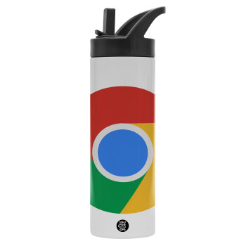 Chrome, Metallic thermos bottle with straw & handle, stainless steel (Stainless steel 304), double-walled, 600ml.
